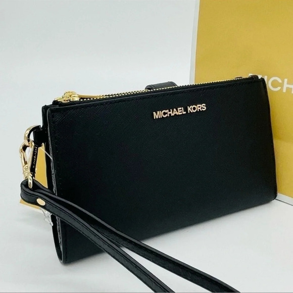 Michael Kors Large Double Zip Wallet Wristlet Black Leather - Picture 1 of 9